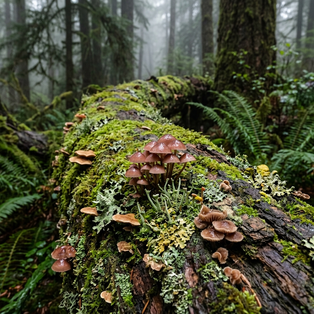 Close-up of wild forest mushrooms and lichens growing on a mossy fallen tree trunk in a misty old-growth forest with soft diffused natural light photorealistic macro nature photography no people