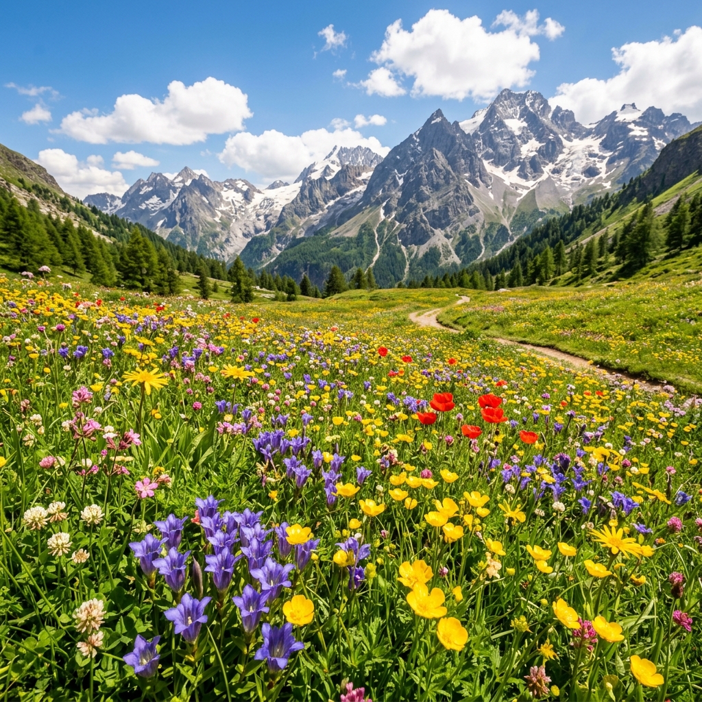 A serene forest stream surrounded by lush green woodland plants wild flowers and towering evergreen trees with morning mist cinematic photorealistic landscape photography no people